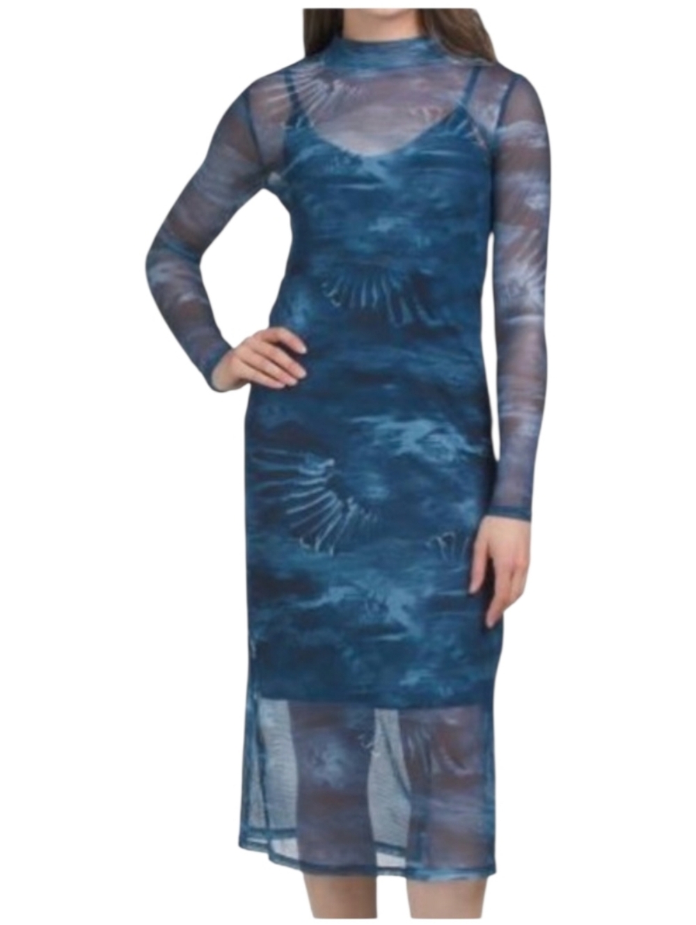 Frye Mainline Women's Ensign Blue Combo Sheer Sleeve Mesh Midi Dress, S, NWT